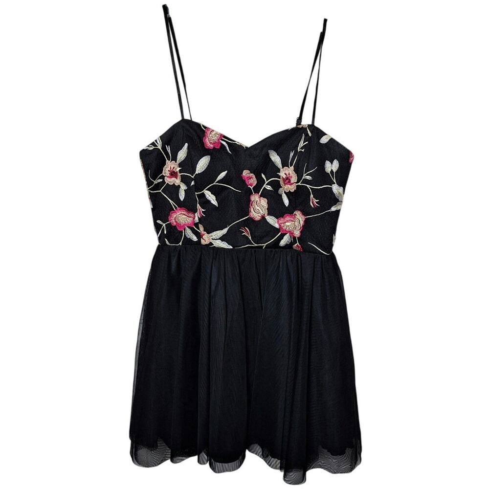 Social Couture Women Large Black Pink Floral Embroidered  Party Cocktail Dress